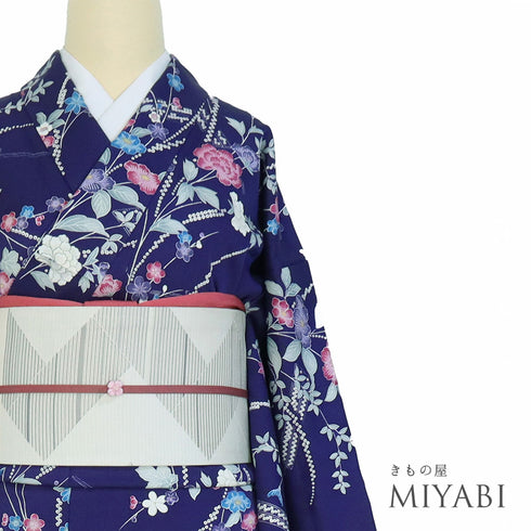 小紋 リサイクル 身丈154cm 裄62.8cm 袷 花柄 扇子柄 パープル Sサイズ お洒落 カジュアル 正絹 広衿 Sランク