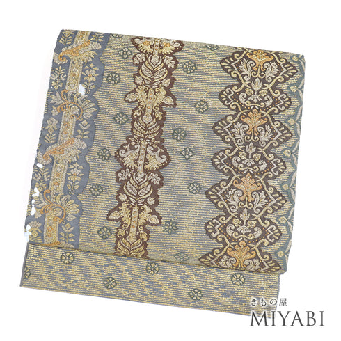 袋帯 リサイクル 帯丈442cm ポイント柄 縦縞柄 グレー Mサイズ 正絹 新品・未使用品 セミフォーマル お洒落