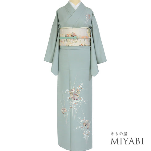 付下げ リサイクル 身丈160cm 裄66.8cm 袷 丸に扇子柄 金駒刺繍 グリーン Mサイズ セミフォーマル お洒落 正絹 広衿 Sランク