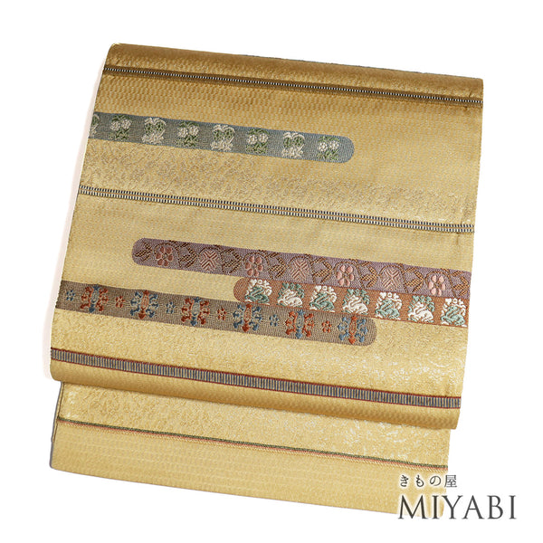 袋帯 リサイクル 帯丈446cm 六通 横段文 菱絢錦 あけぼの繭 金糸 ゴールド Mサイズ 正絹 新品・未使用品 フォーマル セミフォーマル