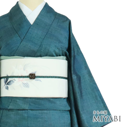 紬 リサイクル 身丈152.8cm 裄62.4cm 袷 ぼかし 縦色糸入り 胴裏・八掛化繊 グリーン Sサイズ カジュアル 正絹 広衿 Sランク
