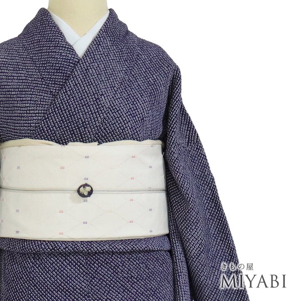 小紋 リサイクル 身丈159.2cm 裄64.4cm 袷 総絞り パープル Mサイズ お洒落 しつけ糸 正絹 広衿 Aランク