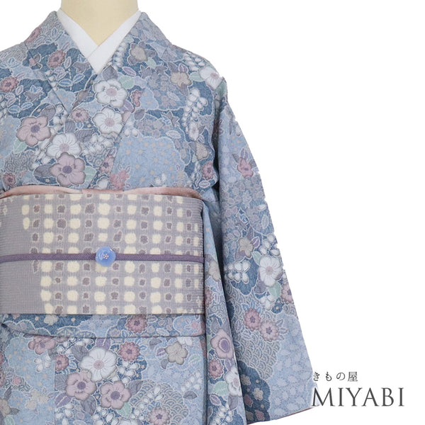 小紋 リサイクル 身丈151.7cm 裄64.4cm 袷 雲取りに辻ヶ花風模様 ブルー Sサイズ お洒落 カジュアル ポリエステル 洗える着物 広衿 Sランク