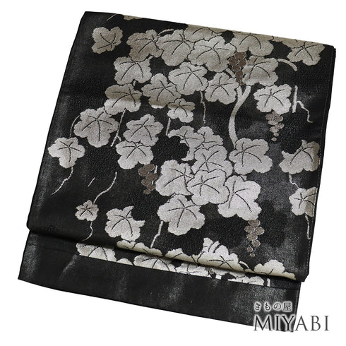 京袋帯 リサイクル 帯丈384cm 六通 葡萄柄 ブラック Lサイズ ポリエステル Sランク お洒落 カジュアル