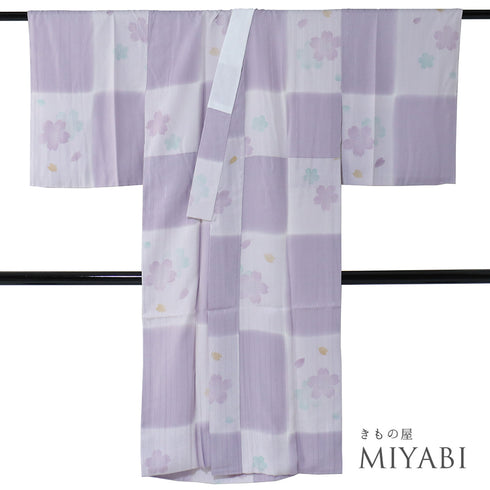 長襦袢 リサイクル 長襦袢 身丈127cm 裄65.2cm 袷 市松に桜柄 パープル Mサイズ お洒落 落款 正絹 Bランク