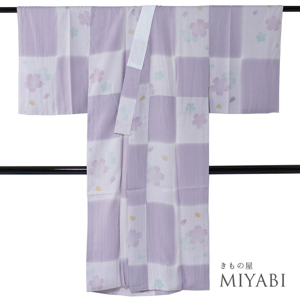 長襦袢 リサイクル 長襦袢 身丈127cm 裄65.2cm 袷 市松に桜柄 パープル Mサイズ お洒落 落款 正絹 Bランク