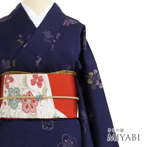 小紋 リサイクル 身丈153.5cm 裄64cm 袷 アンティーク お召し 花柄 ネイビー Sサイズ お洒落 正絹 広衿 Aランク