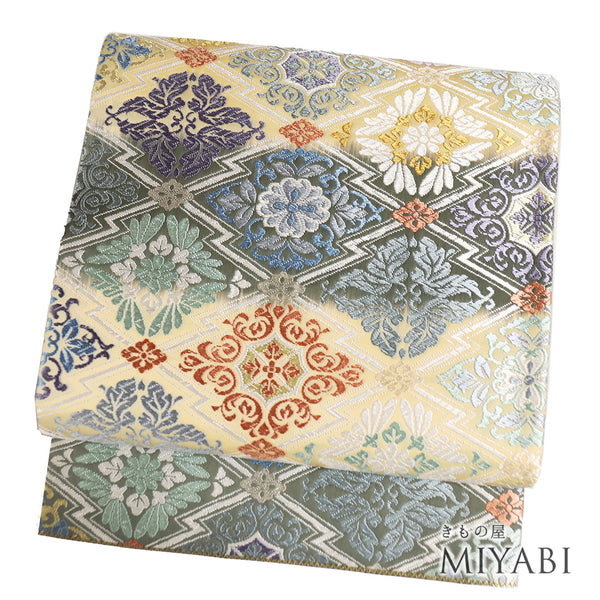 袋帯 リサイクル 帯丈432cm 六通 菱文柄 刺繍 多色 Sサイズ 正絹 新品・未使用品 フォーマル お洒落