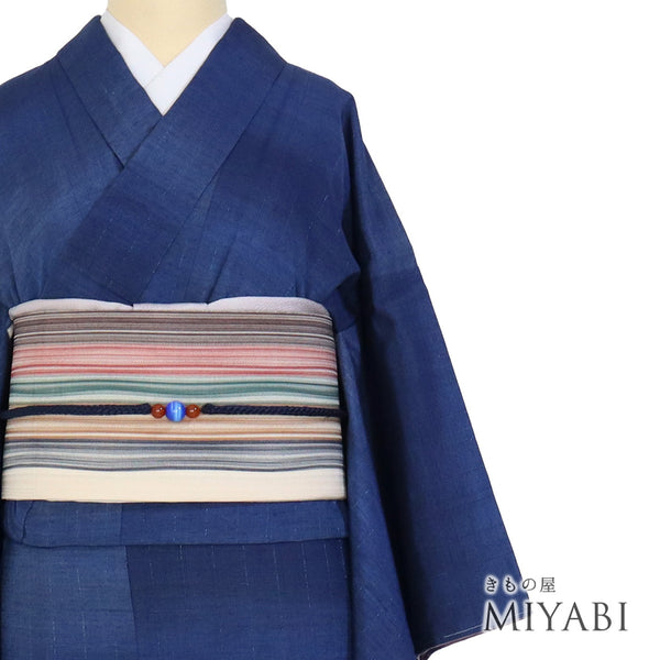 紬 リサイクル 身丈156.5cm 裄63.6cm 袷 縞模様 ラメ グラデーション ブルー Mサイズ お洒落 しつけ糸 正絹 広衿 Sランク