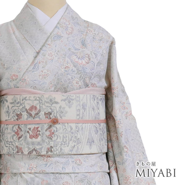 紬 リサイクル 身丈169cm 裄68.4cm 袷 唐花模様 ホワイト LLサイズ お洒落 カジュアル 正絹 広衿 Sランク