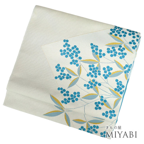 名古屋帯 リサイクル 帯丈362cm 全通 八寸 植物柄 グレー Mサイズ ポリエステル Sランク カジュアル お洒落