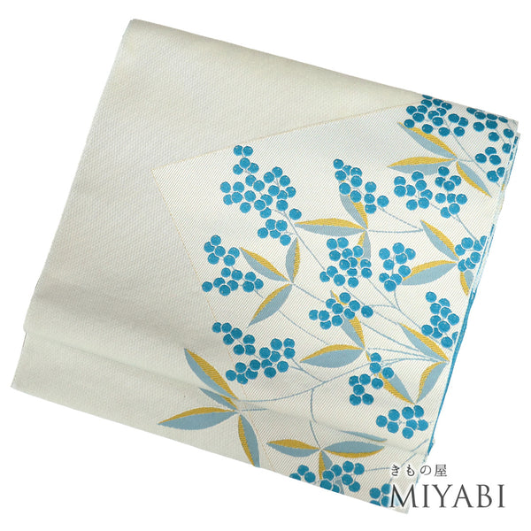 名古屋帯 リサイクル 帯丈362cm 全通 八寸 植物柄 グレー Mサイズ ポリエステル Sランク カジュアル お洒落