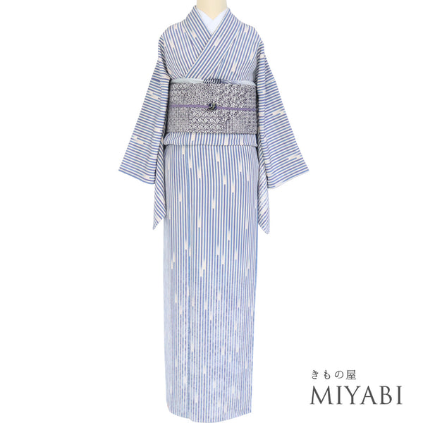 訪問着 リサイクル 身丈161.8cm 裄65.6cm 袷 デザイン縞に花唐草柄 ゆったりサイズ ブルー Lサイズ お洒落 正絹 広衿 Sランク