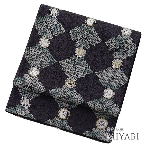 袋帯 リサイクル 帯丈448cm 六通 菱文様 干支 パープル Mサイズ 正絹 Sランク お洒落