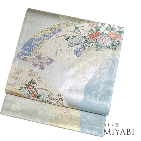 袋帯 リサイクル 帯丈436cm 六通 功琳彩宴 地紙に花柄 ブルー Mサイズ 正絹 新品・未使用品 フォーマル セミフォーマル