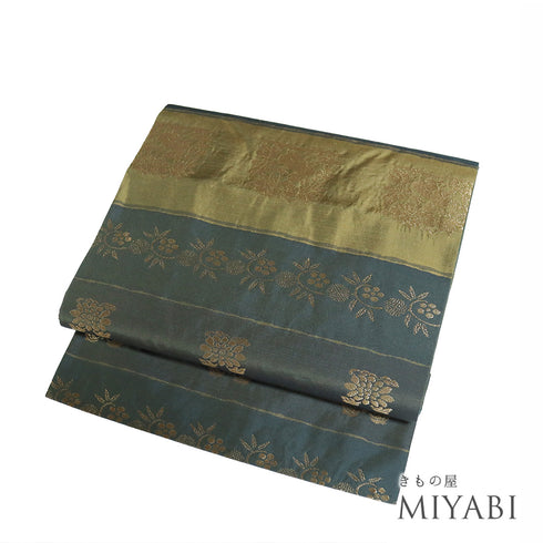 名古屋帯 リサイクル 帯丈350.5cm 六通 横段に名物裂織り出し模様 ブラウン Sサイズ 正絹 Sランク お洒落