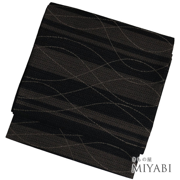 京袋帯 リサイクル 帯丈378cm 全通 一重太鼓 ボーダー柄 曲線模様 ブラック Mサイズ 不明 Sランク カジュアル