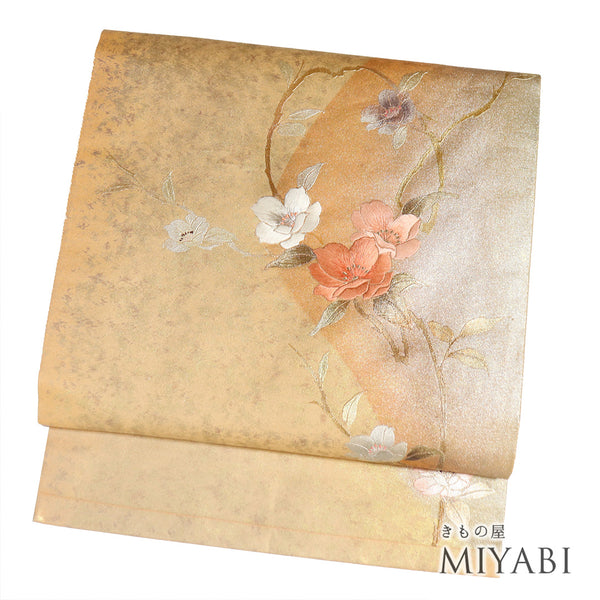 名古屋帯 リサイクル 帯丈364.5cm ポイント柄 花柄 刺繍 オレンジ Mサイズ 正絹 Sランク お洒落