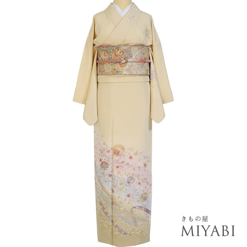 付下げ リサイクル 身丈165.3cm 裄66.4cm 袷 雪輪に枝垂れ桜柄 金駒刺繍 箔 ベージュ Lサイズ フォーマル セミフォーマル しつけ糸 正絹 広衿 Sランク