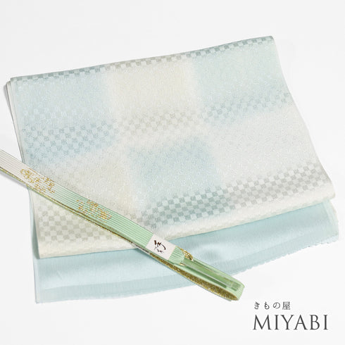 帯締め・帯揚げセット リサイクル お洒落 平組紐 ちりめん ブルー 正絹 未使用品 地紋 市松柄 ぼかし