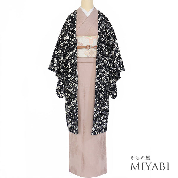 羽織 リサイクル 身丈100cm 裄63.6cm 袷 桜柄 長羽織 ブラック Sサイズ お洒落 カジュアル しつけ糸 正絹 Sランク