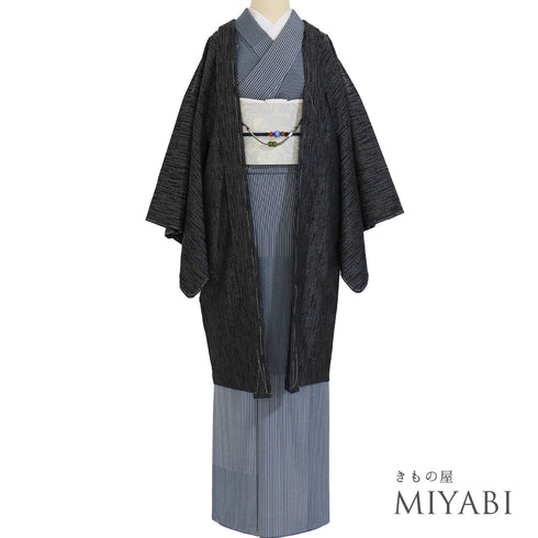 羽織 リサイクル 身丈100cm 裄67.6cm 袷 ロング丈 幾何学柄 地紋 ブラック Lサイズ お洒落 しつけ糸 正絹 未使用品