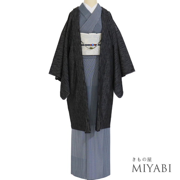 羽織 リサイクル 身丈100cm 裄67.6cm 袷 ロング丈 幾何学柄 地紋 ブラック Lサイズ お洒落 しつけ糸 正絹 未使用品