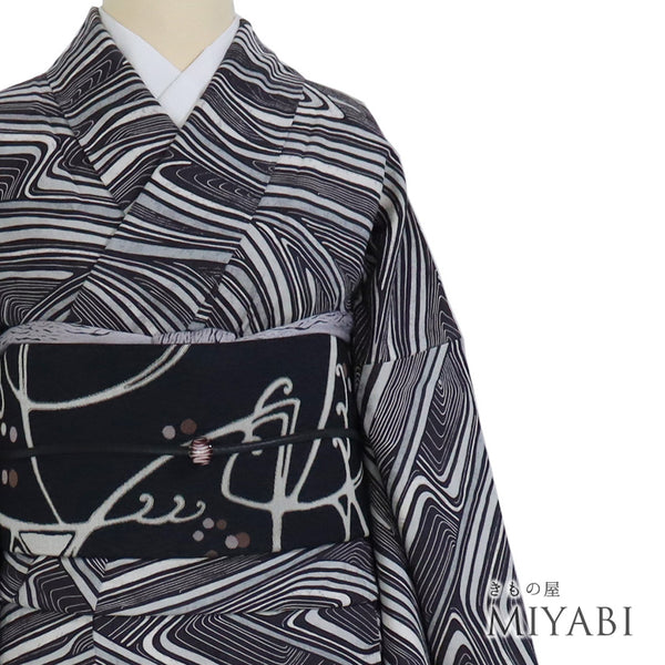 小紋 リサイクル 身丈154.5cm 裄70cm 袷 抽象柄 パープル Sサイズ お洒落 カジュアル 正絹 広衿 Sランク