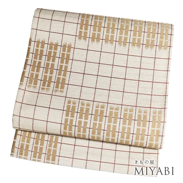 袋帯 リサイクル 帯丈452cm 全通 パールトーン加工 幾何学柄 ベージュ Lサイズ 正絹 Sランク お洒落