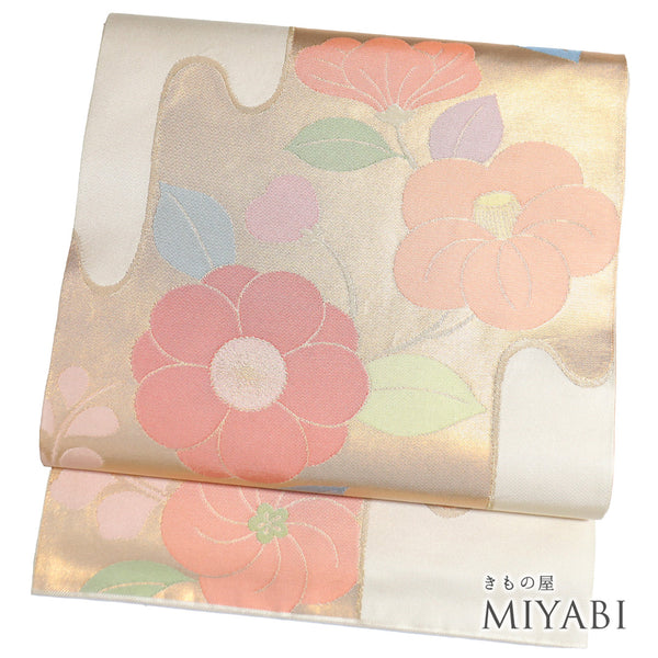 袋帯 リサイクル 帯丈432cm 全通 花柄 ベージュ Sサイズ 正絹 Sランク セミフォーマル お洒落