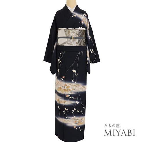 訪問着 リサイクル 身丈159cm 裄68.4cm 袷 草花や松菊柄 ネイビー Mサイズ セミフォーマル お洒落 正絹 広衿 Sランク