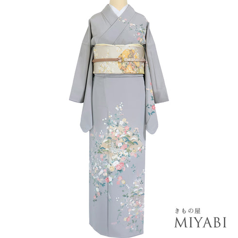 訪問着 リサイクル 身丈160cm 裄65.6cm 袷 四季花柄 グレー Mサイズ セミフォーマル お洒落 正絹 広衿 Sランク