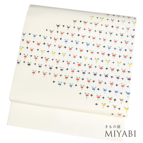 名古屋帯 リサイクル 帯丈379.5cm ポイント柄 デザイン柄 アイボリー Mサイズ 正絹 Aランク お洒落