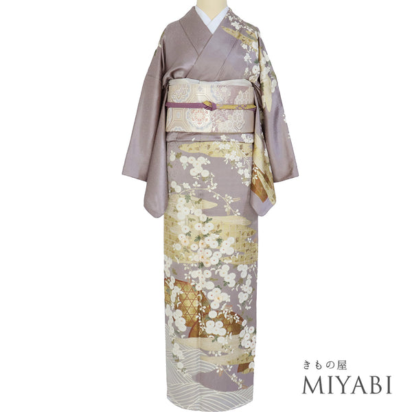 訪問着 身丈165.5cm 裄67.5cm 袷 かすみに菊模様 金駒刺繍 箔 パープル LLサイズ セミフォーマル 正絹 広衿 Aランク