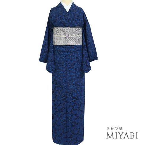 付下げ リサイクル 身丈168cm 裄67.6cm 袷 小紋 菊唐草文様 草花柄 ブルー LLサイズ お洒落 正絹 広衿 Sランク