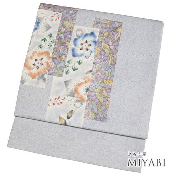 名古屋帯 リサイクル 帯丈353.5cm ポイント柄 辻が花や鳥柄 グレー Sサイズ 正絹 Aランク お洒落 カジュアル