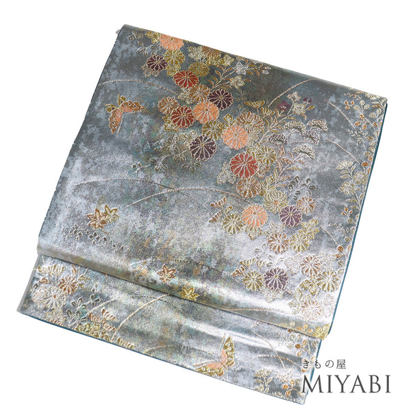 袋帯 帯丈428cm 六通 花と蝶々柄 ブルー Sサイズ 正絹 Sランク フォーマル セミフォーマル