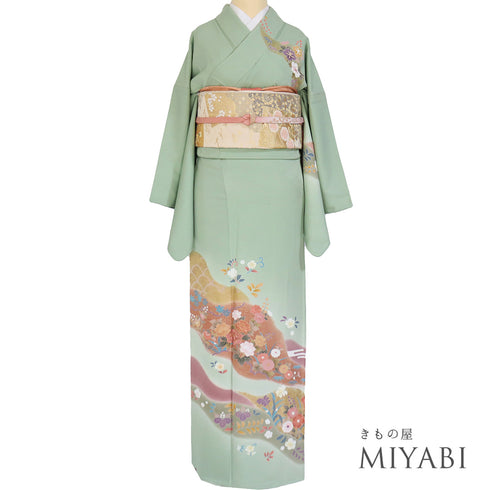 訪問着 リサイクル 身丈167cm 裄67.6cm 袷 花柄 箔 金駒刺繍 グリーン LLサイズ セミフォーマル 正絹 広衿 Aランク