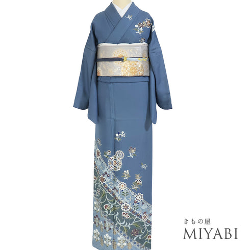 訪問着 リサイクル 身丈164.2cm 裄68.4cm 袷 華紋 花唐草模様 オリエンタル柄 金駒 ブルー Lサイズ セミフォーマル 正絹 広衿 Bランク