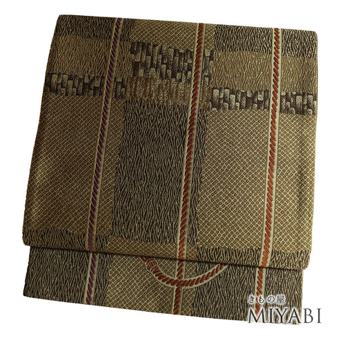 袋帯 リサイクル 帯丈442cm 六通 紐に幾何学柄 ブラウン Mサイズ 正絹 Sランク お洒落
