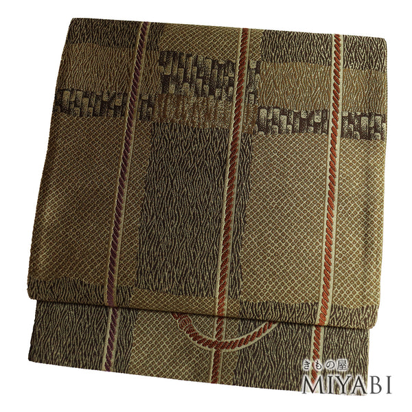 袋帯 リサイクル 帯丈442cm 六通 紐に幾何学柄 ブラウン Mサイズ 正絹 Sランク お洒落