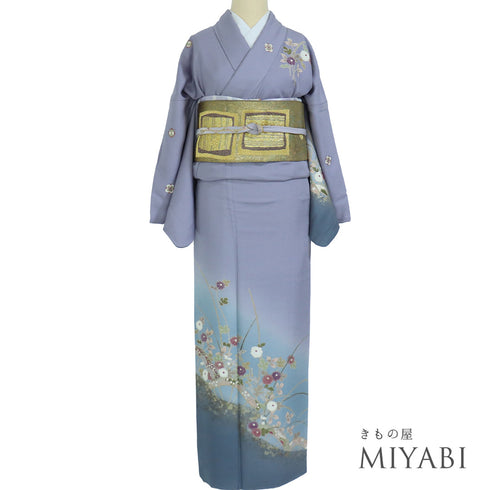 訪問着 身丈164.7cm 裄68.8cm 袷 源氏車に菊柄 千地泰弘 パープル Lサイズ お洒落 落款 正絹 広衿 Sランク