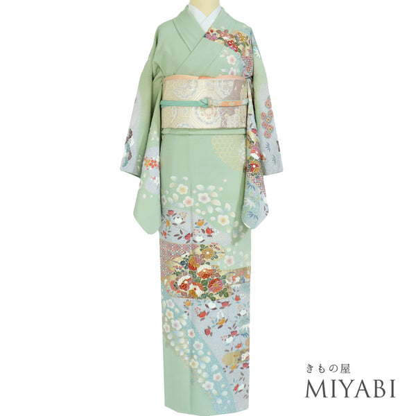 訪問着 リサイクル 身丈164.2cm 裄66.4cm 袷 霞に菊やたちばな柄 金駒刺繍 後絞り加工 箔 グリーン Lサイズ セミフォーマル お洒落 正絹 広衿 Sランク