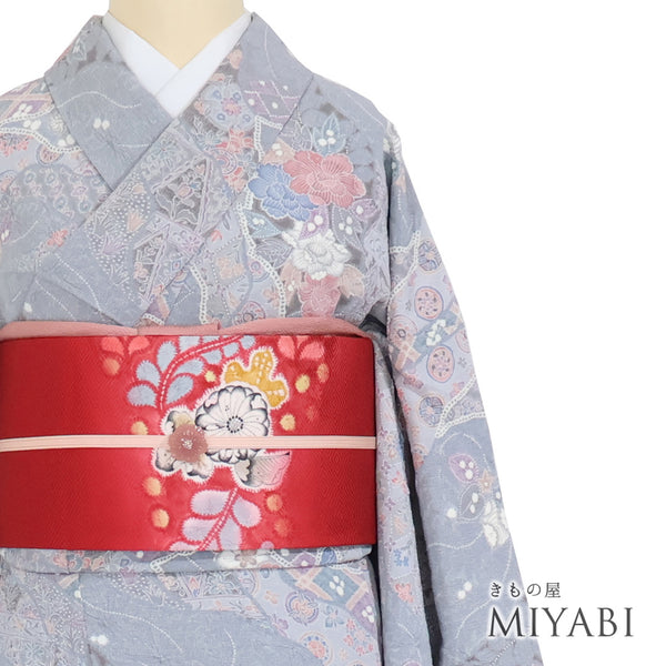 小紋 リサイクル 身丈158.5cm 裄65.2cm 袷 辻が花風柄 後絞り加工 グレー Mサイズ お洒落 カジュアル 正絹 広衿 Aランク