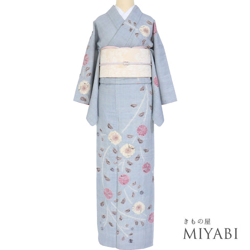 付下げ リサイクル 身丈162.7cm 裄64.8cm 袷 紬 巻き上げ絞りに花柄 ブルー Lサイズ お洒落 正絹 広衿 Aランク