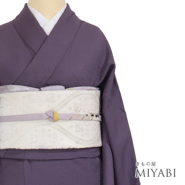 色無地 リサイクル 身丈165.6cm 裄67.8cm 袷 花唐草文様 パープル LLサイズ セミフォーマル お洒落 一つ紋 正絹 広衿 地紋あり Sランク