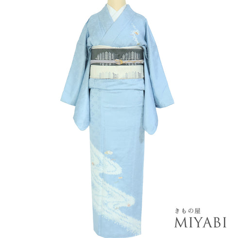 付下げ リサイクル 身丈159.3cm 裄66.4cm 袷 流水柄 花柄 絞り 刺繍 地紋 ブルー Mサイズ セミフォーマル お洒落 一つ紋 正絹 広衿 Sランク