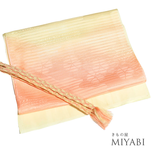 帯締め・帯揚げセット リサイクル 手組紐 イエロー 正絹 新品・未使用品 夏物 地紋 花柄 流水