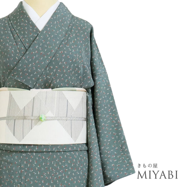 小紋 リサイクル 身丈154.8cm 裄62.8cm 袷 ヘチマ柄 グリーン Sサイズ お洒落 しつけ糸 正絹 広衿 Sランク