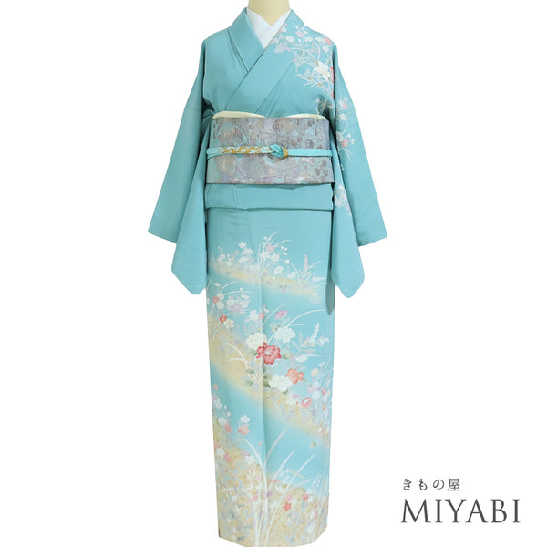 訪問着 リサイクル 身丈166cm 裄65cm 袷 牡丹や花々柄 箔 ブルー LLサイズ セミフォーマル お洒落 正絹 広衿 Sランク